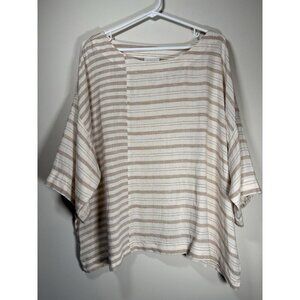 PURE JILL Linen Stripped Cream Beige Boxy Top Cottagecore Neutral Size Large